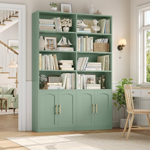 Bookshelf and Bookcase with Doors, 6 Tier Double Wide Large Bookshelves, Open Display Shelves, 73'' Tall Bookshelf with Storage Cabinets for Home Office, Living Room, Library, Green