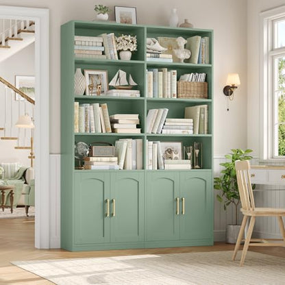 Bookshelf and Bookcase with Doors, 6 Tier Double Wide Large Bookshelves, Open Display Shelves, 73'' Tall Bookshelf with Storage Cabinets for Home Office, Living Room, Library, Green