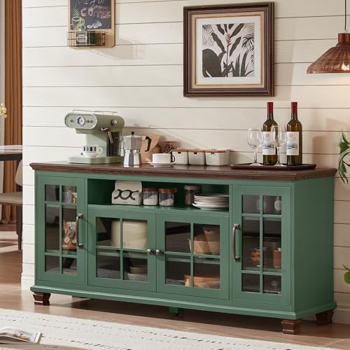 60-Inch Sideboard Buffet Cabinet with Glass Doors,Vintage Green, view 2