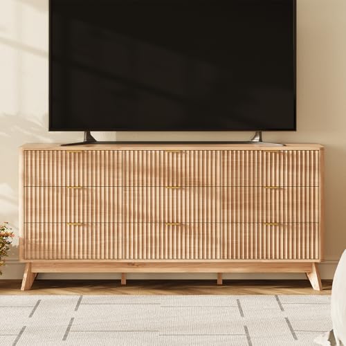 63" Wide Fluted 9 Drawers Dresser for Bedroom,Curved Edge,Oak, view 5