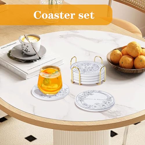 6Pcs Ceramic Coasters Set with Holder - 6 Unique Designs Absorbent Drink Mats for Coffee Table, Modern Home Decor Coasters with Cork Base Suitable for All Cups, Ideal Housewarming Gift 4 Inch