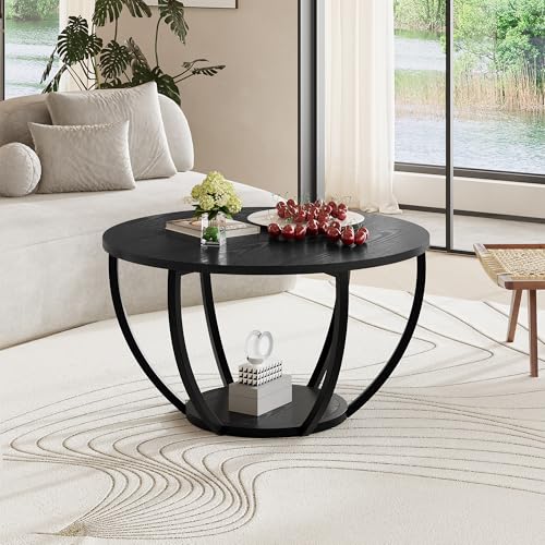 Round Coffee Table,Wooden 2-Tier Circle Coffee Tables with Storage Shelves,Accent Center Table for Living Room, Sofa Table for Home Office, Black