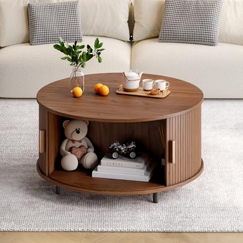 Round Coffee Table with Storage, 31.5" Modern Coffee Table with 360° Curved Sliding Door, Fluted Wood Accent Coffee Table with Adjustable Footpads, Round Center Table for Living Room, Walnut