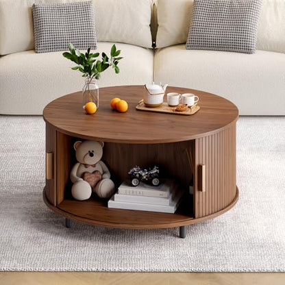 Round Coffee Table with Storage, 31.5" Modern Coffee Table with 360° Curved Sliding Door, Fluted Wood Accent Coffee Table with Adjustable Footpads, Round Center Table for Living Room, Walnut