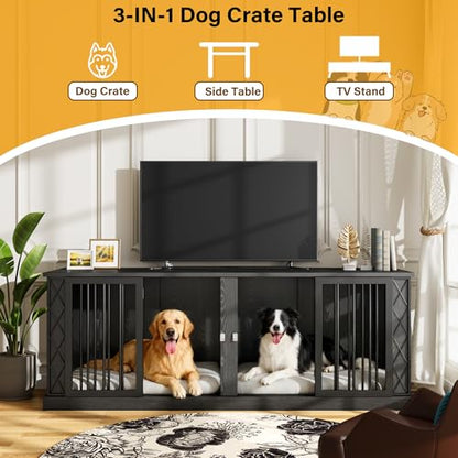 86.6" Wooden Double Dog Crate Furniture for 2 Large Dogs, Black, view 5