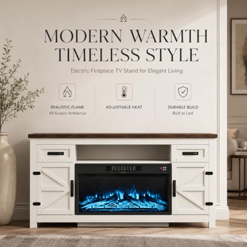 Fireplace TV Stand with Barn Door, 70 inch, White, view 4