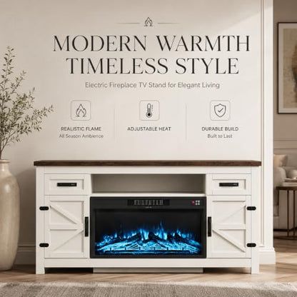 Fireplace TV Stand with Barn Door, 70 inch, White, view 4