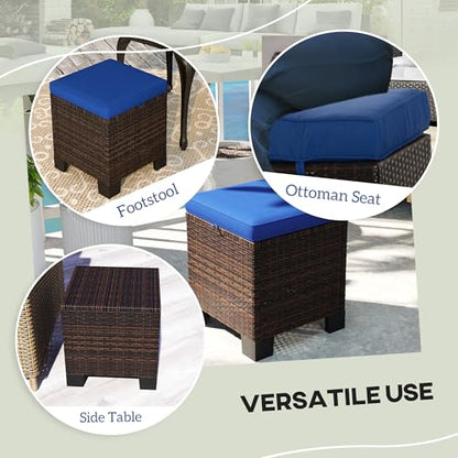 2 Pieces Outdoor Patio Ottomans, All Weather Wicker Footstools with Removable Cushions, 3-in-1 PE Rattan Ottoman Seat, Footrest and Side Table for Backyard, Poolside, Dark Blue