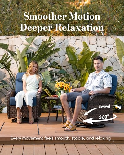 Upgraded 6“ Cushion Luxury Patio Furniture Set - 7 Piece Wicker Furniture Set, Comfort Outdoor Couch and High Back Swivel Rocker Patio Chairs, Conversation Set for Deck Porch - Brown/Blue