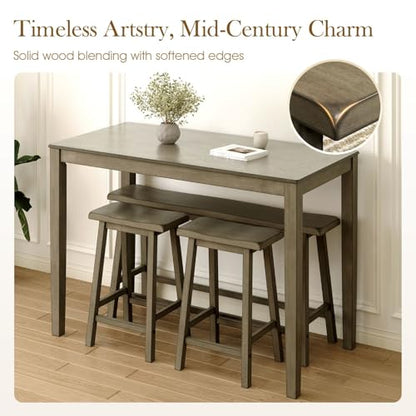 Dining Table Set for 4, Counter Height Table and Chairs, Kitchen Table Set with Bench and 2 Chairs, Small Breakfast Bar Dining Set, Smoky Brown