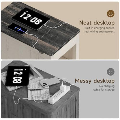 Farmhouse End Table with Charging Station, Narrow Side Table with Barn Door, Rustic Wood Sofa Side Table with Drawer and Storage Cabinet, 23.5" Small Nightstand for Living Room (Rustic White)