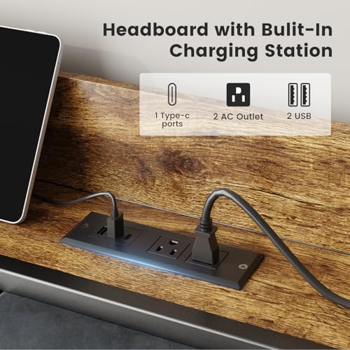 King Size Bed Frame with Charging Station, Storage Headboard, view 6