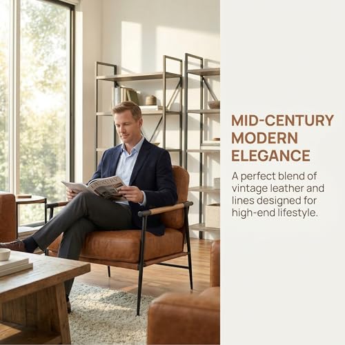 Mid-Century Modern Accent Chair Set of 2 Armchair Brown PU Leather Sofa Lounge Bedroom Chair with Metal Leg for Living Room Reading Office