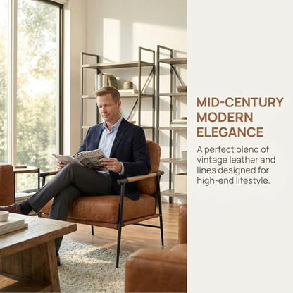 Mid-Century Modern Accent Chair Set of 2 Armchair Brown PU Leather Sofa Lounge Bedroom Chair with Metal Leg for Living Room Reading Office