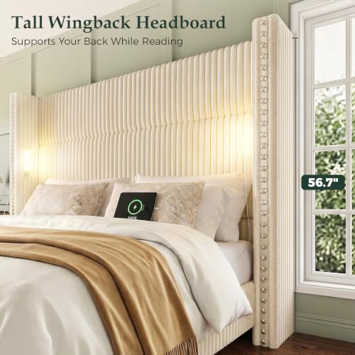 Queen Bed Frame with 56.7" Tall Wingback Headboard & Reading Lights, Cream, view 4