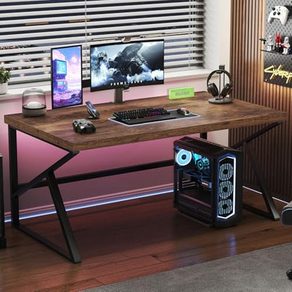 Rustic Computer Desk, Large Executive Writing Study Work Desk for Home Office, Industrial Metal Wooden PC Laptop Long Desk Workstation, Modern Bedroom Living Room Table, Rustic Brown, 60 Inch