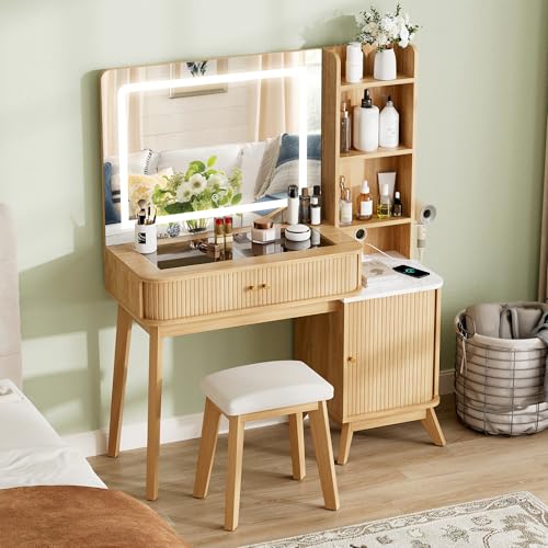 Fluted Makeup Vanity Desk with Large Lighted Mirror, view 8