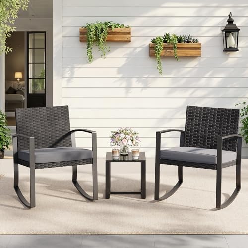 3 Pieces Patio Furniture Set Rocking Bistro Set Outdoor Rattan Conversation with Coffee Table for Garden Balcony Backyard Poolside (Grey Cushion)