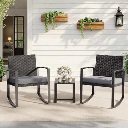 3 Pieces Patio Furniture Set Rocking Bistro Set Outdoor Rattan Conversation with Coffee Table for Garden Balcony Backyard Poolside (Grey Cushion)