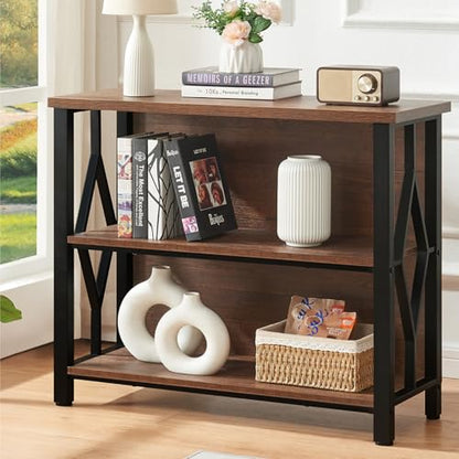 Bookshelf, 3-Tier Rustic Short Bookshelf, Industrial Shelf Bookcase with Engineered Wood Shelves, Low Bookcase with Storage, Small Shelf for Living Room, Bedroom and Office, Rustic Brown