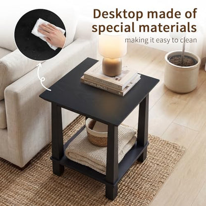 2-Tier End Table, Small Side Table Living Room with Solid Wood Legs, Nightstand with Open Space Square Bedside Table for Bedroom, Black