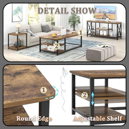 Modern Coffee Table, Rustic Wood and Metal Living Room Table with Storage Shelf, Industrial Brown, 47 Inch