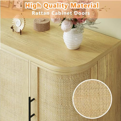 47.2" Sideboard Buffet Cabinet with Storage, Sideboard Cabinet with 4 Rattan Doors, Adjustable Shelf & Metal Legs, Multifunctional Storage Cabinet for Kitchen, Living Room, Entryway, Oak