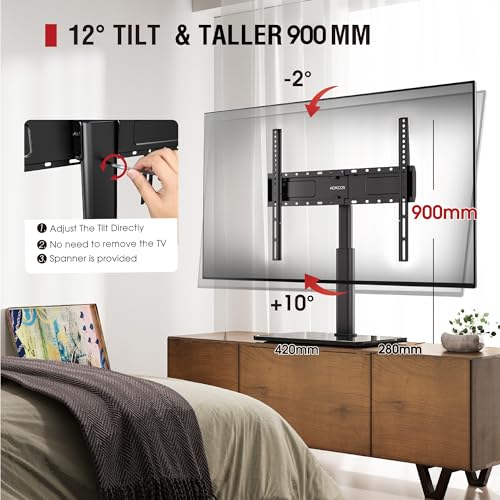 Swivel Universal TV Stand for 32-75 inch TVs with Tilt Down/Up, 8 Levels Height Adjustable Table Top TV Mount Stand with Stable Heavy Duty Tempered Glass Base, MAX VESA 600x400 mm, up to 99lbs, Black