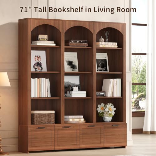 Walnut 4-tier bookshelf with drop-down cabinet, view 4