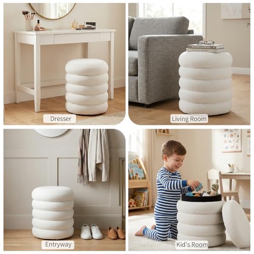 White Round Storage Ottoman Upholstered Sherpa Foot Stool Ottoman Small Boucle Foot Rest Stool for Dorm/Living Room/Entryway/Bedroom