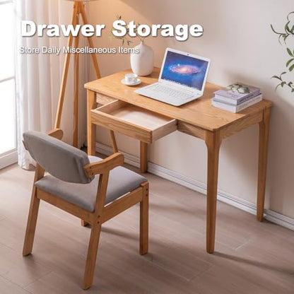 Solid Wood Desk with Drawers, Home Office Desk for Small Spaces, Gaming Work Study Desk, Student PC Desk for Bedroom, Easy to Assemble (Wood Color, 39.4 inch)