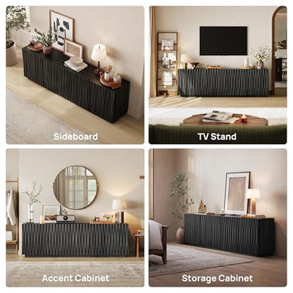 70" Fluted Mid Century Modern Sideboard Buffet Cabinet with Storage, Black, view 5