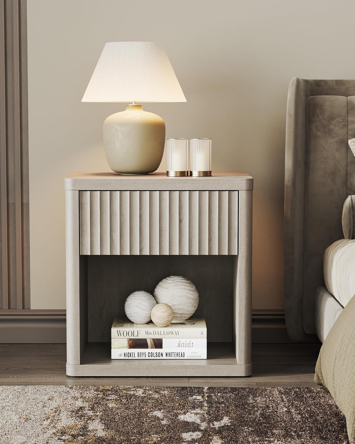Night Stand Set of 2 Nightstands with Drawer Storage Fluted Bed Side Table End Table Large Modern Wide Bedside Stand Mid Century Night Stands for Bedroom Living Room Sofa Office, White Alder