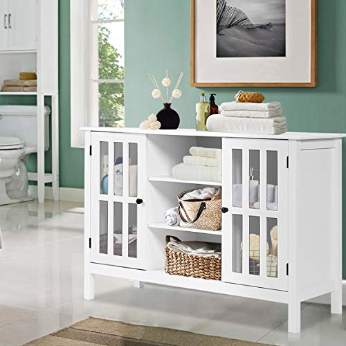 White TV Stand, Modern Tall Entertainment Center for TVs up to 50", Media Console w/2 Storage Cabinets & 3 Open Shelves, Wire Hole, Wood TV Console Table for Living Room, White