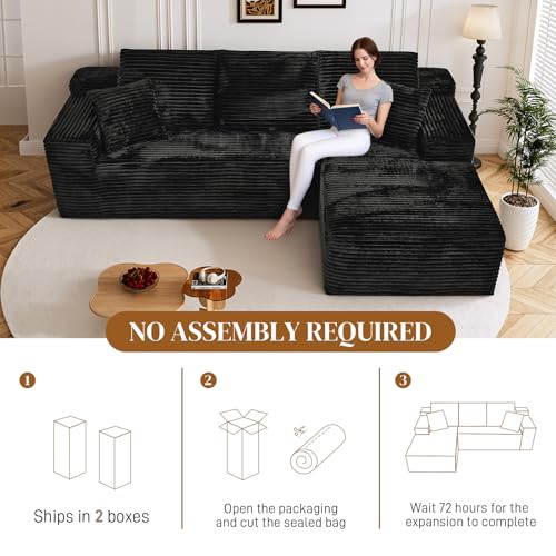 108" L Shaped Boneless Sectional Couches for Living Room, Comfy Corduroy Floor Cloud Sofa with Chaise, Wide Armrest, Deep Seat, Memory Foam, Assembly Free, Ideal for Small Spaces, Black