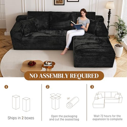 108" L Shaped Boneless Sectional Couches for Living Room, Comfy Corduroy Floor Cloud Sofa with Chaise, Wide Armrest, Deep Seat, Memory Foam, Assembly Free, Ideal for Small Spaces, Black