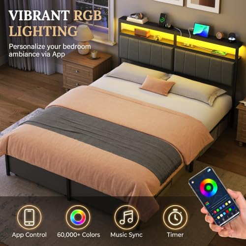 Queen Bed Frame with Storage Drawers and Charging Station, Grey, view 6
