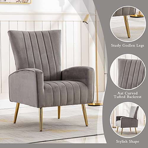 Velvet Accent Chairs Set of 1, Modern Fabric Upholstered Living Room Chairs Armchairs with Wing Back and Metal Legs, Grey