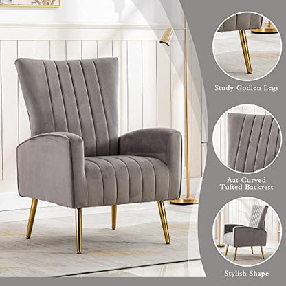 Velvet Accent Chairs Set of 1, Modern Fabric Upholstered Living Room Chairs Armchairs with Wing Back and Metal Legs, Grey