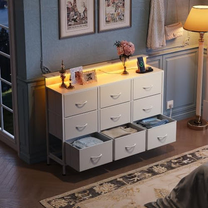 White Dresser TV Stand 9 Drawers, Fabric Chest of Drawers LED Lights, view 5