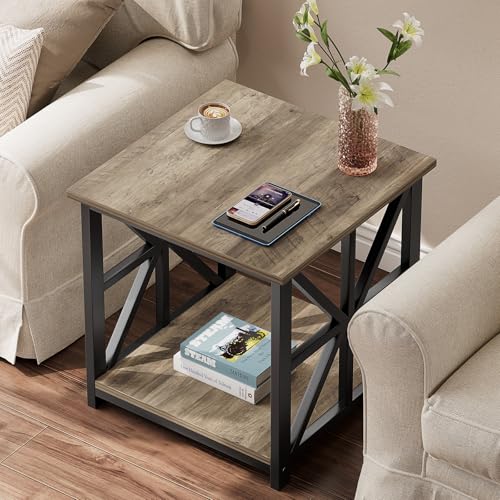 Large End Table with X-Shaped Metal Frame for Living Room | Modern Side Table for Bedroom Office,2-Tier Storage Shelf Nightstand,Scratch-resistant Sofa Table,Grey Wash 24 inch