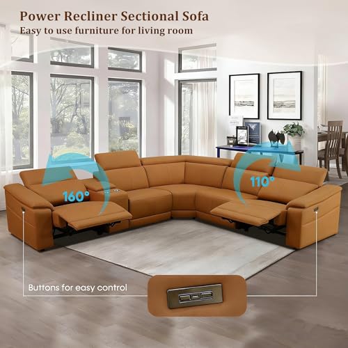 5 Seat Power Reclining Sectional Sofa, L-Shaped Air Leather Couch with Recliners, USB Charging Ports, Storage Console, Cup Holders, Light Brown Modular Living Room Sofa Set