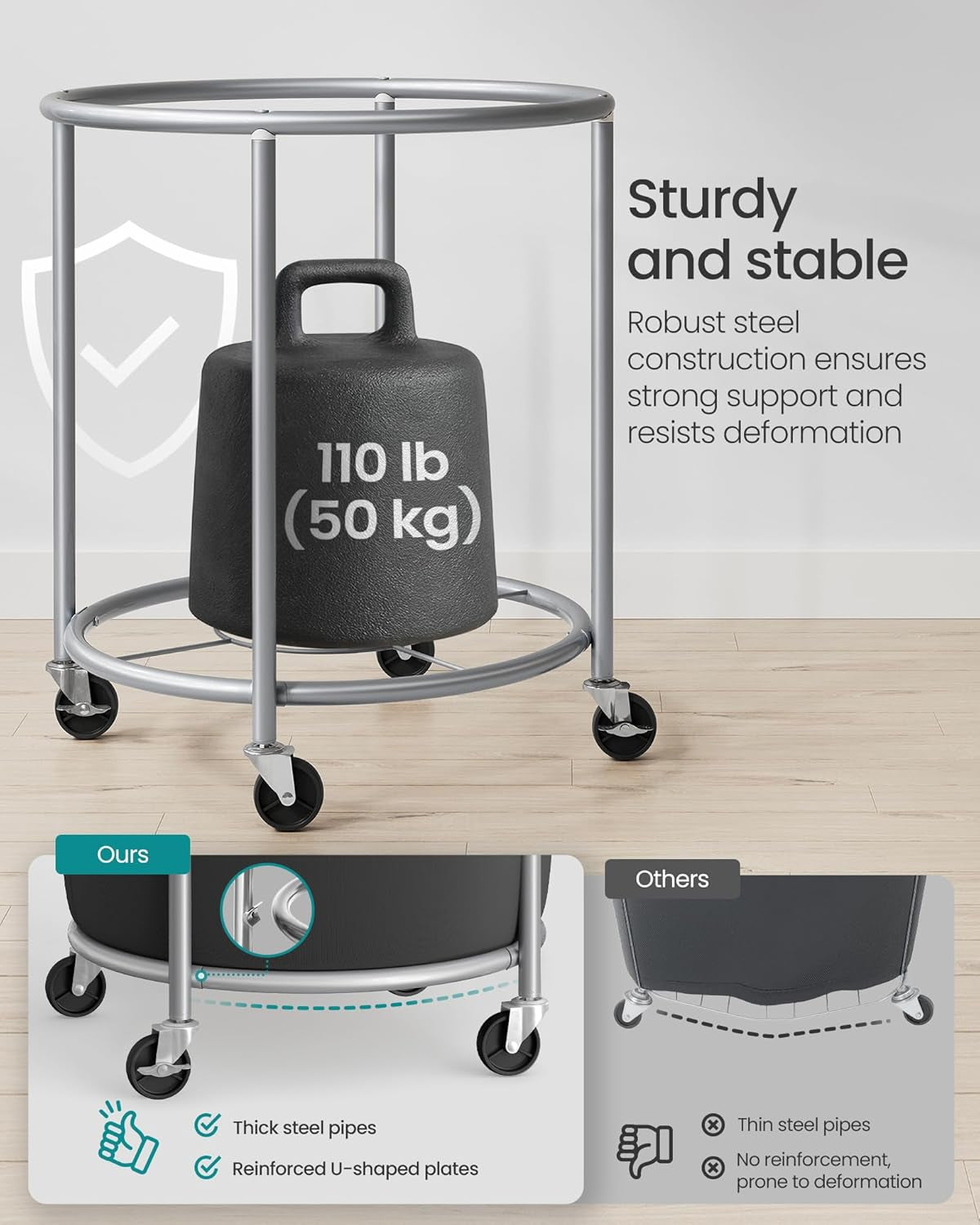 50.2-Gallon (190 L) Laundry Basket with Wheels, Rolling round Heavy-Duty Laundry Hamper Cart with Steel Frame and Removable Bag, 2 Locking Wheels, Ink Black and Metallic Silver URLS001B01