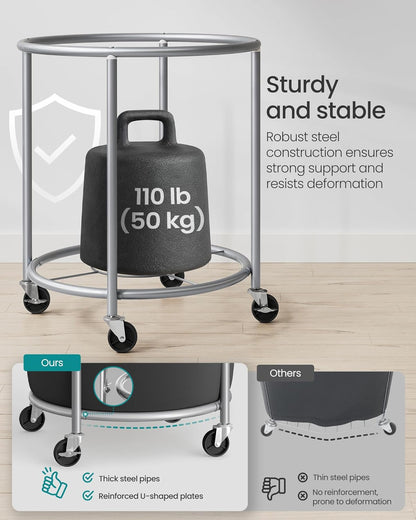 50.2-Gallon (190 L) Laundry Basket with Wheels, Rolling round Heavy-Duty Laundry Hamper Cart with Steel Frame and Removable Bag, 2 Locking Wheels, Ink Black and Metallic Silver URLS001B01