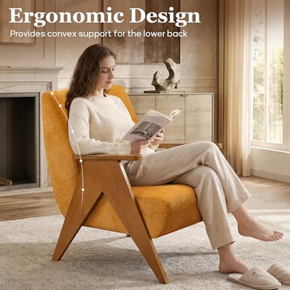 Accent Chair, Upholstered Living Room Chair, Arm Chair with Solid Wood Legs, Mid Century Modern Chair for Bedroom, Living Room, Apartment (Yellow)