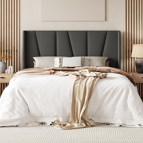Queen Size Platform Bed Frame with Upholstered Headboard, Dark Grey, view 2
