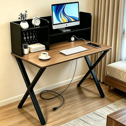 44"×24" Black Computer Desk with Charging Ports & Hutch Pegboard, view 2