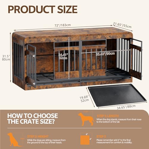72" Double Dog Crate Furniture, Dog Crates for 2 Medium Large Dogs, view 4