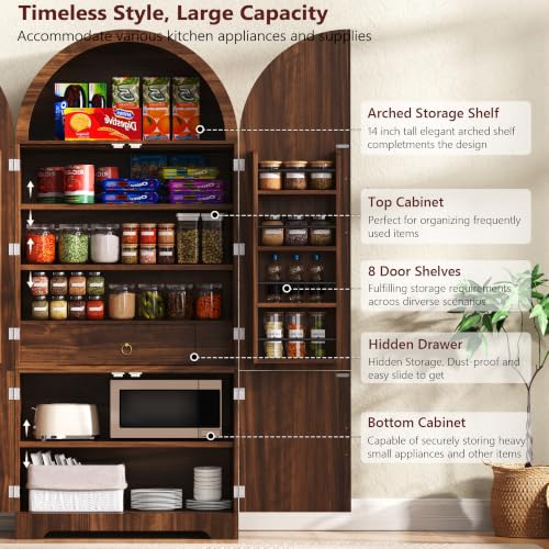 72" Tall Arched Cabinet Kitchen Pantry with 4 Doors, Fluted Storage Cabinets with 3 Adjustable Shelves & 1 Hidden Drawer & 8 Door Shelves, Versatile Cupboard for Kitchen, Dining Room, Brown