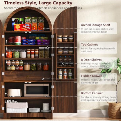 72" Tall Arched Cabinet Kitchen Pantry with 4 Doors, Fluted Storage Cabinets with 3 Adjustable Shelves & 1 Hidden Drawer & 8 Door Shelves, Versatile Cupboard for Kitchen, Dining Room, Brown
